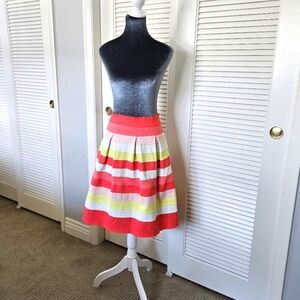 New York & Company Peach, Pink, Yellow & White Stripe Stretch Pleated Skirt XS